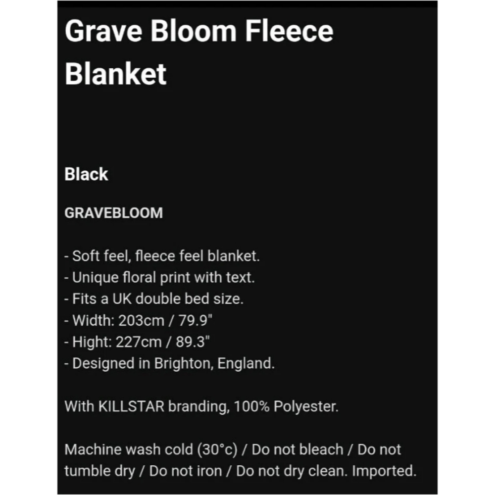 3 PC Killstar Grave Bloom Fleece Blanket & Pillowcase Set - Picture 4 of 4